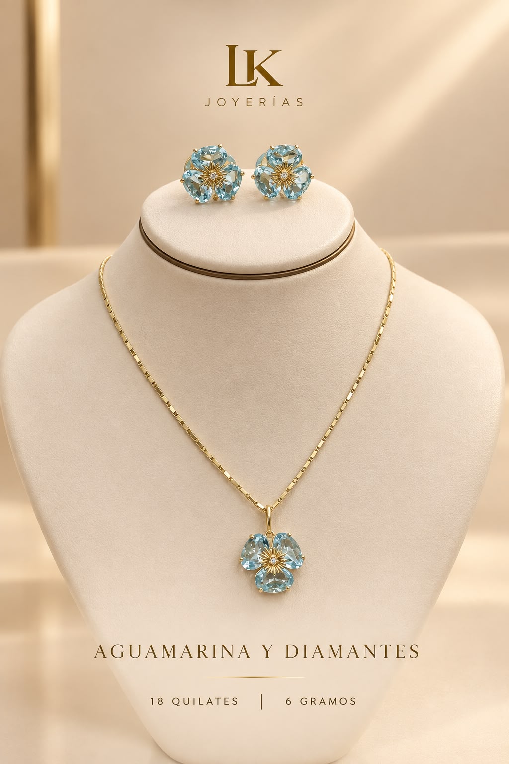 JUEGO AGUAMARINAS Y DIAMANTES 18K